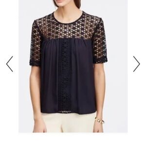 Ann Taylor Black Lace Yoke Short Sleeve Blouse